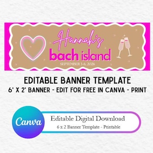 Puede incluir: Una plantilla de pancarta rectangular de 183 cm x 61 cm con un centro color canela y un borde festoneado rosa intenso. Incluye un corazón rosa, dos copas de champán y el texto: Hannah's bach island SEPTEMBER 3 6, 2026. Incluye etiqueta Canva.