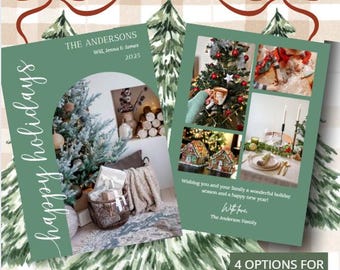 May include: Two-sided holiday cards with a green border. One side features a Christmas tree and the words "happy holidays." The other side has four photo options and the text "Wishing you and your family a wonderful holiday season and a happy new year!"