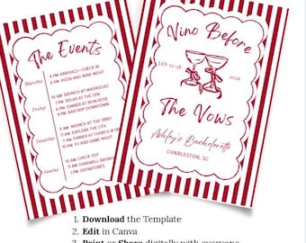 Modelo de roteiro e convite para despedida de solteira - Vinho antes dos votos - Download digital - Modelo Canva - Editável