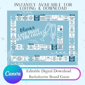 Puede incluir: Un juego de mesa digital para despedida de soltera en azul claro con el texto "Olivia's Last Toast on the Coast". El juego incluye espacios para nombres y desafíos. El logotipo de Canva es visible.