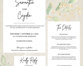 Minimalist Black and White Wedding Invitation Bundle: QR RSVP (Digital Download Canva Template)