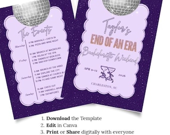 Modelo de roteiro e convite para despedida de solteira - Fim de uma era - Download digital - Modelo Canva - Editável