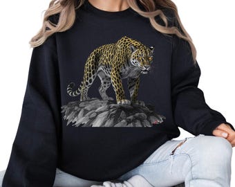 Leopard Wildlife Sweatshirt, Realistic Big Cat Shirt, Nature Graphic Pullover