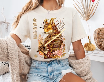 Samurai Kitsune Fox T-Shirt, Japanese Warrior Art, DTF Print (Cotton/Polyester)