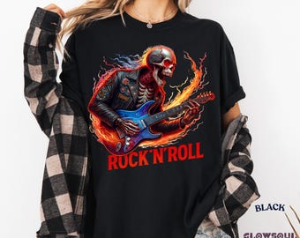 Rock’n Roll Skeleton Guitar Shirt – Vintage Punk Band Tee – Grunge Unisex Music Top