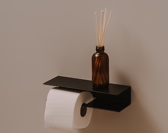 Bari wall-mounted toilet roll holder with shelf, modern bathroom accessory, toilet paper holder, bathroom shelf with roll holder, left side