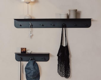Wall mounted coat rack with shelf and hooks, modern wall shelf, metal entryway organizer, key rack, shelf with hooks