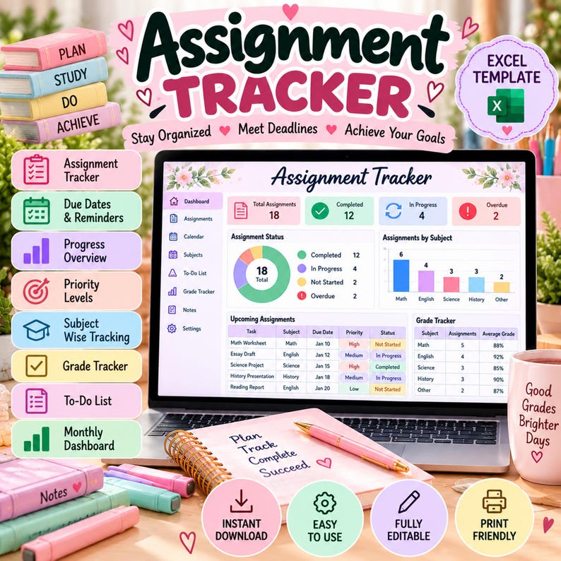 Assignment Tracker Excel Template, Student Planner Spreadsheet, GPA ...