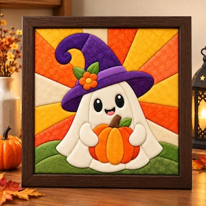 May include: A framed fabric wall art piece featuring a white ghost wearing a purple witch hat with an orange flower, holding an orange pumpkin. The background consists of a sunburst pattern in shades of yellow and orange, set above green hills.