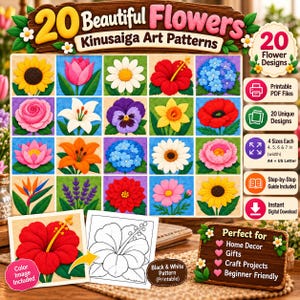 May include: A digital guide titled 20 Beautiful Flowers Kinusaiga Art Patterns featuring a grid of twenty colorful floral illustrations. The document includes printable PDF files, twenty unique designs, and a step-by-step guide for crafting.