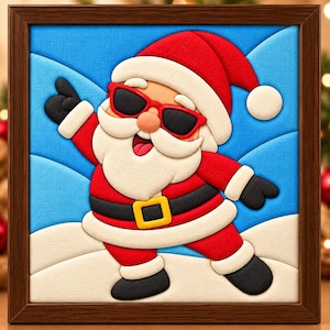 May include: A framed wall art piece featuring a layered, textured illustration of Santa Claus wearing red sunglasses, a red suit with a black belt and yellow buckle, and black gloves and boots, set against a blue and white background.