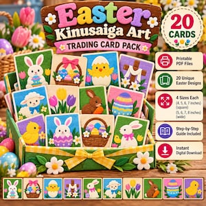 May include: A digital trading card pack featuring 20 Easter Kinusaiga art designs. The set includes printable PDF files with 20 unique illustrations of bunnies, chicks, lambs, tulips, and eggs in 4 sizes ranging from 4 to 7 inches square.