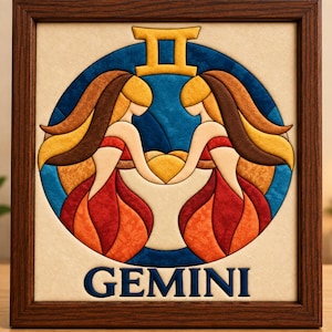 Op de afbeelding: Een ingelijst stoffen wandkunstwerk met een Gemini sterrenbeeldontwerp. Het kunstwerk toont twee gestileerde figuren met lang golvend haar in goud- en bruintinten, gekleed in rode en oranje gewaden, tegen een diepblauwe cirkelvormige achtergrond.