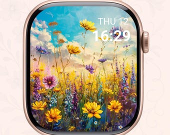 Wildflower Meadow Apple Watch Wallpaper – Digital Floral Background, Vibrant Summer Art for Smartwatch Face