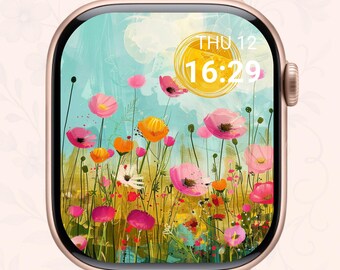 Wildflower Meadow Apple Watch Wallpaper – Digital Floral Background, Vibrant Summer Art for Smartwatch Face