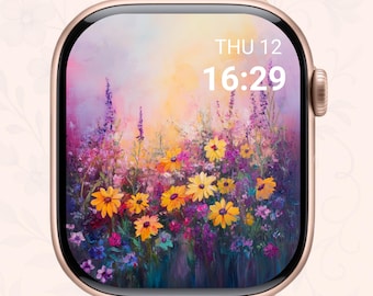 Wildflower Meadow Apple Watch Wallpaper – Digital Floral Background, Vibrant Summer Art for Smartwatch Face