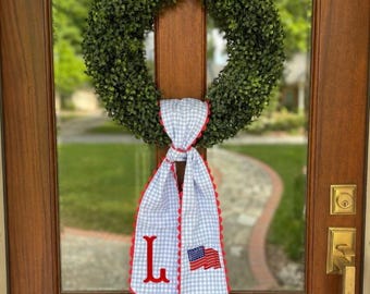 Personalized American Flag Anniversary Wreath Sash | Blue Gingham with Red Scallop Door Hanger
