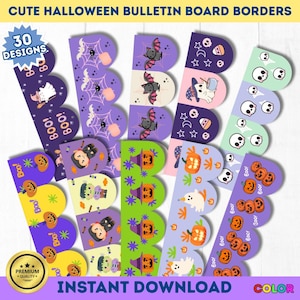 May include: A collection of colorful Halloween-themed bulletin board borders. Designs include bats, pumpkins, ghosts, spiders, and skulls. The text "CUTE HALLOWEEN BULLETIN BOARD BORDERS" and "INSTANT DOWNLOAD" are visible. The image also includes the text "30 DESIGNS" and "COLOR".