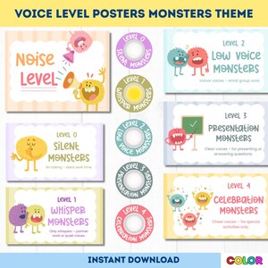 May include: A set of colorful classroom posters with a monster theme, illustrating voice levels. Each poster features a different monster character and text indicating the noise level, such as "Silent Monsters" and "Celebration Monsters."