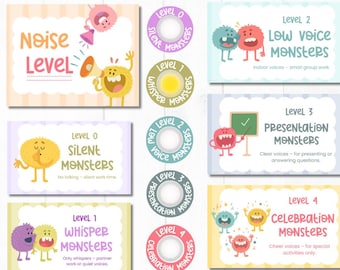 Señales de nivel de ruido y cubiertas luminosas Monster: 5 indicadores de volumen para el aula: Círculos de luz táctiles (PDF)