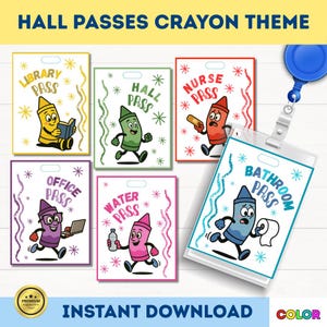 Może przedstawiać: Zestaw kolorowych przepustek szkolnych z motywem kredek. Każda przepustka zawiera postać z kreskówki i typ przepustki: Biblioteka, Korytarz, Pielęgniarka, Biuro, Woda i Łazienka. Widoczny jest również tekst "Natychmiastowe pobieranie".