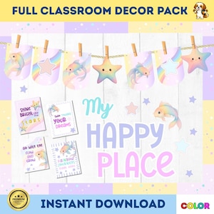 May include: A classroom decor pack with a pastel color scheme. The design includes banners with fish and star shapes, along with inspirational quotes. The words "My Happy Place" are prominently displayed. The text "Instant Download" is also visible.
