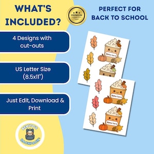 May include: Two sheets of stickers with fall-themed designs, including coffee cups, pumpkins, and leaves. The text includes "Name here" and "Perfect for Back to School". The stickers are US Letter size (8.5x11 inches).