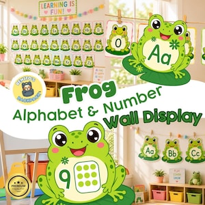 May include: A frog-themed alphabet and number wall display set featuring green cartoon frogs on lily pads. Each card displays a letter or number with a corresponding frog illustration. The set includes text reading Frog Alphabet & Number Wall Display.