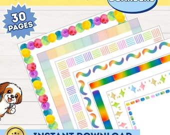 Może przedstawiać: Kolekcja kolorowych wzorów obramowań z tekstem "CLIPART PAGE" i "BOARDERS". Obraz zawiera niebieski wybuch gwiazdy z napisem "30 PAGES" oraz słowa "INSTANT DOWNLOAD" i "30 DIFFERENT .PNG DESIGNS".