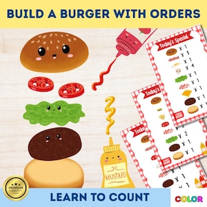 Op de afbeelding: Een kleurrijke educatieve afbeelding met burgeringrediënten en bestelkaarten. De afbeelding bevat een broodje, plakjes tomaat, sla, een patty en mosterd. Tekst luidt "Build a Burger with Orders" en "Learn to Count."