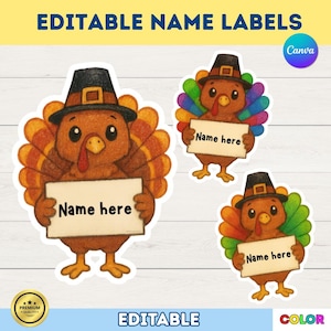 May include: Three turkey-themed name labels. Each turkey wears a pilgrim hat and holds a sign that says "Name here". The turkeys have brown bodies, orange and rainbow-colored tail feathers, and yellow feet. The text "EDITABLE NAME LABELS" is at the top.