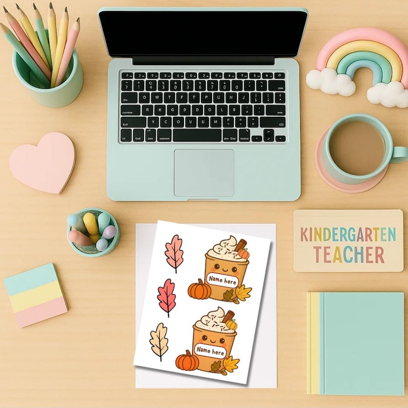 May include: A top-down view of a workspace with a laptop, coffee cup, and stationery. Two illustrated pumpkin spice latte stickers with the text "Name here" are on a white sheet. A wooden sign reads "KINDERGARTEN TEACHER".