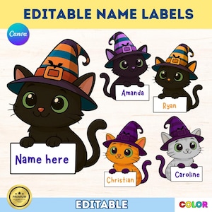 May include: A digital graphic featuring six cartoon cats wearing witch hats. Each cat holds a sign with a name or the words "Name here." The hats are purple, orange, and black. The text "EDITABLE NAME LABELS" is at the top.