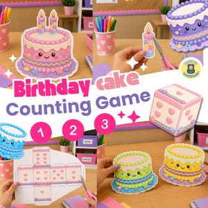 May include: A birthday cake counting game featuring multiple paper cutouts of colorful cakes with smiling faces, a die with heart patterns, and a flat template for assembly. The set includes various pastel-colored cakes and candles.