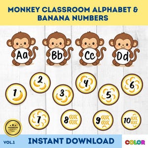 May include: Educational classroom set featuring cartoon monkeys with letters A-D and numbers 1-10 with banana illustrations. The text reads "MONKEY CLASSROOM ALPHABET & BANANA NUMBERS" and "INSTANT DOWNLOAD". Includes a "PREMIUM QUALITY" badge.
