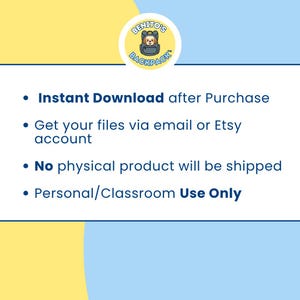 May include: A graphic with the text "BENITO'S BACKPACK" and bullet points: "Instant Download after Purchase", "Get your files via email or Etsy account", "No physical product will be shipped", and "Personal/Classroom Use Only".