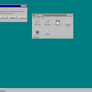 Könnte beinhalten: Ein Screenshot eines klassischen Windows 95-Desktops mit geöffneten Fenstern. Die Fenster umfassen "About This Template" und "My Computer" und zeigen Symbole für Dokumente, Laufwerke und Netzwerkzugriff. Der Hintergrund ist türkis.