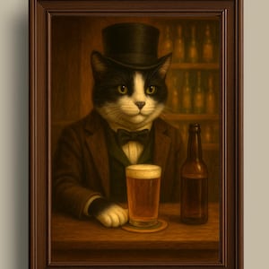 Gato cervecero vintage, gato disfrazado, arte de cuevas humanas, arte de coleccionistas de cerveza, gato con ropa, retrato de animal, retrato de gato