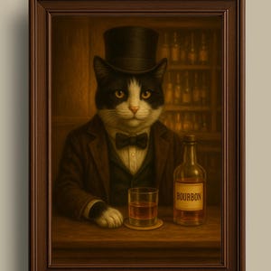 Gato Bourbon vintage, gato disfrazado, arte de la cueva del hombre, arte de coleccionista Bourbon, gato con ropa, retrato de animal, retrato de gato