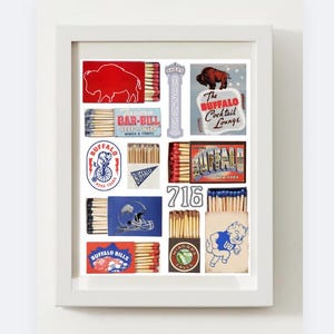 May include: Framed artwork featuring a collage of vintage matchboxes and ephemera with a Buffalo, New York theme. Includes images of a buffalo, football helmet, and text such as "Buffalo Cocktail Lounge" and "716".