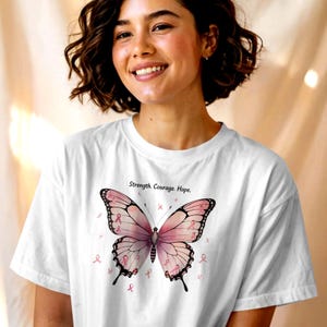 Breast Cancer Awareness Butterfly T-Shirt: Strength, Courage, Hope