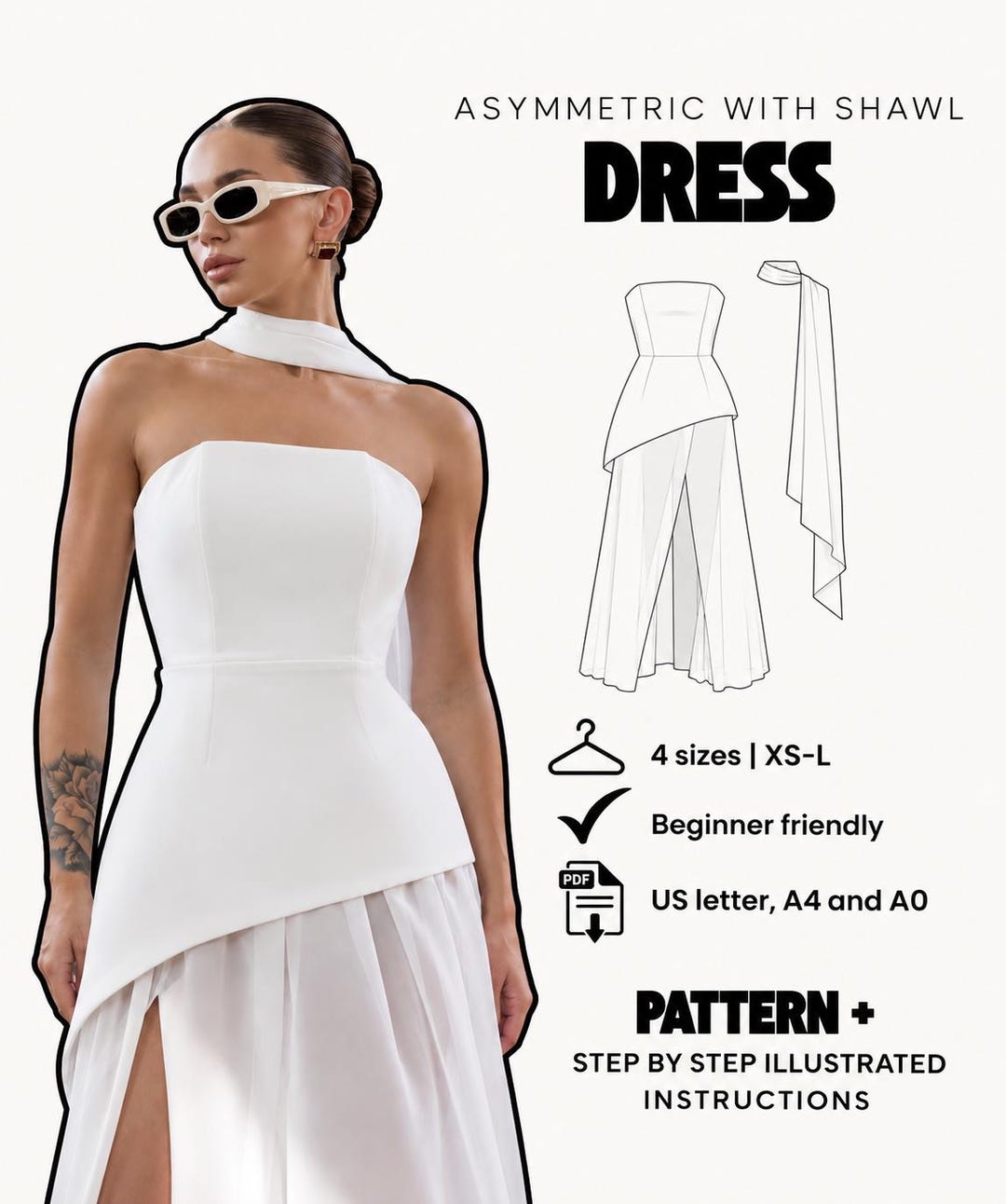 Asymmetric Strapless Maxi Dress Sewing Pattern With Shawl (PDF) - Etsy UK