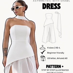 May include: A sewing pattern for an asymmetric dress with a shawl, featuring text: ASYMMETRIC WITH SHAWL DRESS, 4 sizes | XS-L, Beginner friendly, PDF US letter, A4 and A0, PATTERN + STEP BY STEP ILLUSTRATED INSTRUCTIONS. Includes a line drawing.