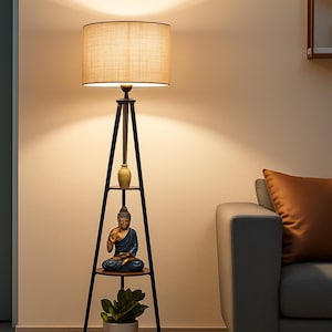 Modern Tripod Floor Lamp with Shelves: Fabric Shade, Wooden Accent