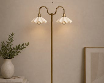 Handgemaakte messing vloerlamp met dubbele kap, moderne vintage gouden verlichting