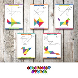 Printable Tangram Cut and Glue Animal, Puzzle for Kids, Fun Preschool Shape Matching Activity with Cat, Bird Dog Fish Plane PDF