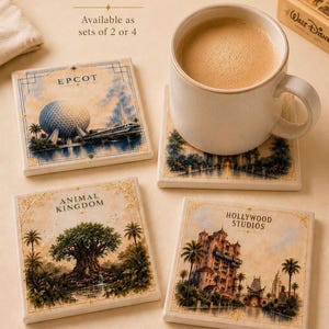 Disney Park Ceramic Coasters Set of 2 or 4, Magic Kingdom EPCOT Animal Kingdom Hollywood Studios, Disney Home Decor Gift image 1