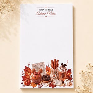 May include: A white rectangular notepad with the text MAIN STREET Autumn Notes at the top. The bottom features a colourful illustration of autumn leaves, a caramel apple with mouse ears, a chocolate doughnut, churros, and a drink with whipped cream.