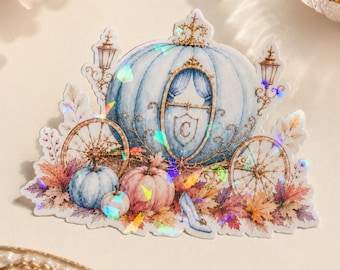 Fall Cinderella Carriage Holographic Sticker | Disney-inspired Pumpkin Vinyl Decal for Water Bottles, Laptops, Planners and Halloween Decor