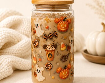 Mickey Pumpkin Halloween Glass Cup, Disney Inspired Halloween Tumbler, 16 oz Iced Coffee Cup with Bamboo Lid & Glass Straw